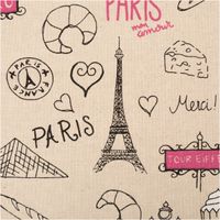 Der hochwertige Dekostoff Leinenlook Paris natur schwarz rosa 1,4m Breite besticht durch sein romantisches Design mit dem Eiffelturm für ausdrucksstarke, langlebige und moderne Nähprojekte - Nahaufnahme