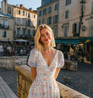 Frau trägt ein Kleid aus weißer Popeline mit pastellfarbenem Patchwork-Muster und kleinen Motiven wie Schleifen und Kirschen im Freien