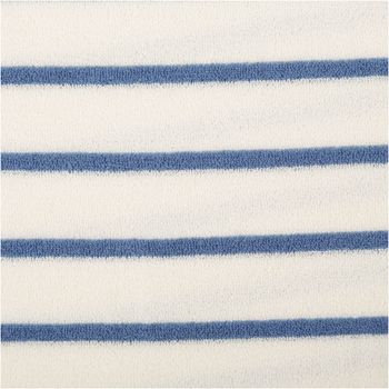 Frottee-Stoff aus Baumwolle, 245 g/m², 1,55 m breit, in Ecru mit gleichmäßigen schmalen Querstreifen in Jeansblau – weich, saugfähig und maritim-frisch für Handtücher oder Bademäntel - Nahaufnahme