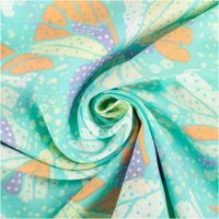 Der hochwertige Baumwollstoff Voile Sommerprint türkis gelb lila orange 1,40m Breite besticht durch sein leichtes, luftiges Design mit farbenfrohen Schmetterlingsflügel-Motiven für sommerliche, fließende Nähprojekte - kunstvoll eingedreht in Falten