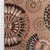 Der hochwertige Jacquard Stoff Premium Dekostoff Mandala Circle Sun taupe rot schwarz 1,4m Breite besticht durch sein detailreiches Mandala-Design für ausdrucksstarke, langlebige und stilvolle Nähprojekte - Detailaufnahme mit Massband