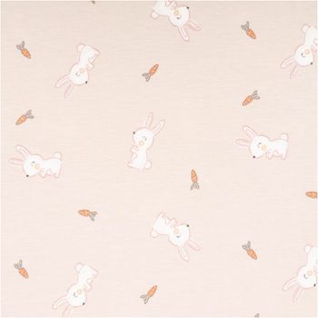 Jersey Stoff Baumwolljersey Kaninchen Möhren beige weiß 1,45m Breite besticht durch niedliches Tier-Motiv für fröhliche, bequeme und stilvolle Nähprojekte in Ihrem Zuhause - Nahaufnahme