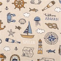 Dekostoff Leinenlook Nautical Doodle natur blau, Detailansicht mit feiner Struktur und Motiven wie Kompass, Boot und Schriftzügen