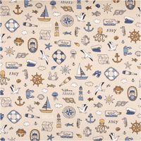 94053-Dekostoff-Leinenlook-Nautical-Doodle-natur-blau-1-4m-Breite-IMG-9709.jpg Dekostoff Leinenlook Nautical Doodle natur blau mit maritimen Motiven wie Anker, Segelboot und Leuchtturm im Allover-Design