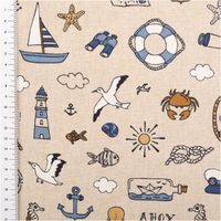94053-Dekostoff-Leinenlook-Nautical-Doodle-natur-blau-1-4m-Breite-IMG-9712.jpg Dekostoff Leinenlook Nautical Doodle natur blau mit Maßstab, zeigt Größe von Segelboot, Fernglas und Rettungsring