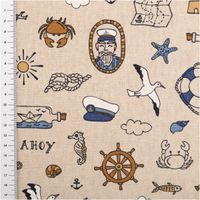 94053-Dekostoff-Leinenlook-Nautical-Doodle-natur-blau-1-4m-Breite-IMG-9713.jpg Dekostoff Leinenlook Nautical Doodle natur blau mit Maßstab, Detail von Steuerrad, Krabbe und Schriftzug AHOY