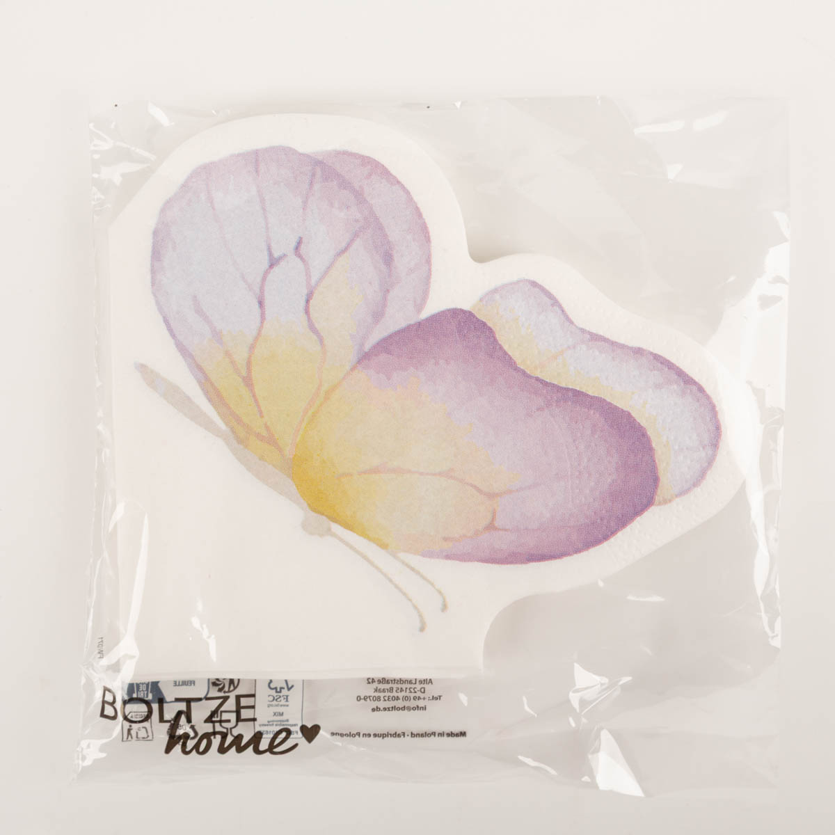 94079-Servietten-Schmetterling-violett-12-Stk-3-lagig-16-x15-cm-FSC-Papier-von-Boltze-IMG-9064.jpg Einzigartige Servietten in Schmetterlingsform von Boltze im 12er-Set. Das zarte Aquarell-Design in Violett und Gelb macht diese formgestanzten Servietten zu einem ganz besonderen Blickfang auf deiner Frühlings- oder Sommertafel - Nahaufnahme