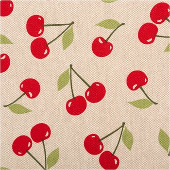 Dekostoff Leinenlook Cherry Happy Joy Kirschen natur rot, Detailansicht mit sichtbarer Gewebestruktur