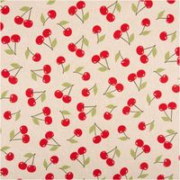 Dekostoff Leinenlook Cherry Happy Joy mit roten Kirschen auf naturfarbenem Grund, gleichmäßiges Allover-Motiv