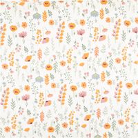 94088-Jersey-Stoff-Baumwolljersey-Flower-Field-Blumen-weiss-bunt-1-45m-Breite-IMG-9308.jpg Weißer Baumwolljersey mit 1,45m Breite und farbenfrohem Blumenmuster. Verschiedene illustrierte Blüten in Orange, Rosa und Blau sowie grüne Blattranken verteilen sich lebendig auf dem hellen Jersey-Stoff für ein fröhliches Sommerdesign - Vollansicht