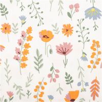 94088-Jersey-Stoff-Baumwolljersey-Flower-Field-Blumen-weiss-bunt-1-45m-Breite-IMG-9309.jpg Weißer Baumwolljersey mit 1,45m Breite und farbenfrohem Blumenmuster. Verschiedene illustrierte Blüten in Orange, Rosa und Blau sowie grüne Blattranken verteilen sich lebendig auf dem hellen Jersey-Stoff für ein fröhliches Sommerdesign - Nahaufnahme