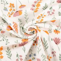 94088-Jersey-Stoff-Baumwolljersey-Flower-Field-Blumen-weiss-bunt-1-45m-Breite-IMG-9311.jpg Weißer Baumwolljersey mit 1,45m Breite und farbenfrohem Blumenmuster. Verschiedene illustrierte Blüten in Orange, Rosa und Blau sowie grüne Blattranken verteilen sich lebendig auf dem hellen Jersey-Stoff für ein fröhliches Sommerdesign - kunstvoll eingedre