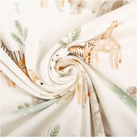 Jersey Stoff Baumwolljersey Digitaldruck Safaritiere gelb 1,5m Breite besticht durch niedliches Wildtier-Motiv für fröhliche, bequeme und stilvolle Nähprojekte in Ihrem Zuhause - kunstvoll eingedreht in Falten