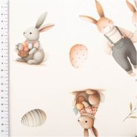 94104-Baumwollstoff-Halbpanama-Osterhasen-ecru-beige-apricot-1-40m-Breite-IMG-9726.jpg Ecrufarbener Baumwollstoff in Halbpanama-Bindung mit 1,40m Breite. Detailreich illustrierte Osterhasen in Latzhosen und Pullovern sowie zarte apricotfarbene Blumen schaffen ein nostalgisches, warmes Design auf dem festen, naturfarbenen Untergrund - mit Mas