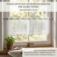 94130-Scheibengardine-Haekelspitze-Stickerei-Pik-Karo-weiss-26-cm-Breite-IMG-0012-1.jpg Die hochwertige Scheibengardine aus zarter Häkelspitze mit klassischer Stickerei und zeitlosem Pik-Karo-Muster in reinem Weiß besticht durch ihr nostalgisches Design bei 26 cm Höhe und ist die ideale Wahl für eine charmante, lichtdurchlässige Fensterdekora