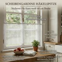 94131-Scheibengardine-Haekelspitze-Stickerei-Pik-Karo-weiss-40-cm-Breite-IMG-0001-1.jpg Diese 40 cm breite Bistrogardine besticht durch ihr elegantes Pik-Karo-Design. Die Kombination aus feiner Stickerei und dekorativem Abschluss sorgt für einen stilvollen Sichtschutz, der dennoch viel Tageslicht in Ihre Räume lässt - mit Detailbeschreibung