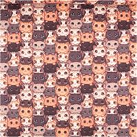 Brauner Baumwolljersey mit 1,48m Breite und detailreichem Katzen-Digitaldruck. Das flächendeckende Muster zeigt niedliche, illustrierte Katzenköpfe in Braun-, Beige- und Grautönen mit großen, ausdrucksstarken Augen für ein lebendiges, verspieltes Stoffdesi