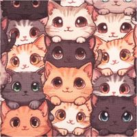 Brauner Baumwolljersey mit 1,48m Breite und detailreichem Katzen-Digitaldruck. Das flächendeckende Muster zeigt niedliche, illustrierte Katzenköpfe in Braun-, Beige- und Grautönen mit großen, ausdrucksstarken Augen für ein lebendiges, verspieltes Stoffdesi