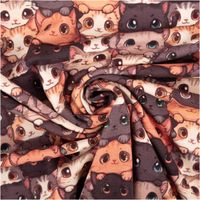 94138-Jersey-Stoff-Baumwolljersey-Katzen-Digitaldruck-braun-1-48-m-Breite-IMG-9305.jpg Brauner Baumwolljersey mit 1,48m Breite und detailreichem Katzen-Digitaldruck. Das flächendeckende Muster zeigt niedliche, illustrierte Katzenköpfe in Braun-, Beige- und Grautönen mit großen, ausdrucksstarken Augen für ein lebendiges, verspieltes Stoffdesi