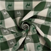 Dieser hochwertige Jacquard-Dekostoff mit klassischem Karomuster und eingewebten Hirschen in Grün und Weiß besticht durch seine feste, strukturierte Haptik bei 1,40 m Breite und ist die ideale Wahl für rustikale Landhaus-Dekorationen, Kissenhüllen oder sti