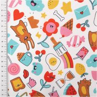 Dieser hochwertige, beschichtete Baumwollstoff mit bunten Comic-Motiven auf weißem Grund ist abwaschbar und strapazierfähig bei 1,45 m Breite. Ideal für pflegeleichte Tischdecken, Taschen oder kreative DIY-Projekte - mit Massband