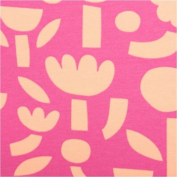 Hochwertiger Bio Baumwolljersey mit modernem Blumendesign von Jennifer Bouron in leuchtendem Fuchsia und Apricot besticht durch seine elastische Qualität bei 1,48 m Breite und ist ideal für sommerliche Shirts, Kleider oder stylische Kinderbekleidung geeign