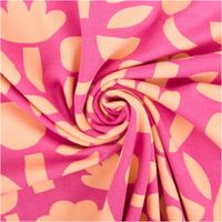 Hochwertiger Bio Baumwolljersey mit modernem Blumendesign von Jennifer Bouron in leuchtendem Fuchsia und Apricot besticht durch seine elastische Qualität bei 1,48 m Breite und ist ideal für sommerliche Shirts, Kleider oder stylische Kinderbekleidung geeign