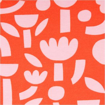 Hochwertiger Bio Baumwolljersey mit abstraktem Blumendesign von Jennifer Bouron in kräftigem Orange und Rosa besticht durch seine elastische Qualität bei 1,48 m Breite und eignet sich ideal für farbenfrohe Shirts, Kleider oder bequeme Kinderbekleidung - Na