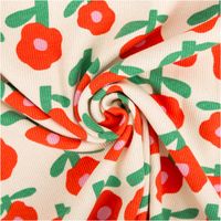 94220-Bio-Rippjersey-Rib-Jersey-Stoff-Baumwolle-Blumen-Jennifer-Bouron-natur-rot-1-2m-Breite-IMG-0289-2.jpg Hochwertiger Bio Rippjersey mit verspieltem Blumendesign von Jennifer Bouron in Natur und Rot besticht durch seine elastische Rippstruktur bei 1,2 m Breite und eignet sich ideal für bequeme Kinderbekleidung - kunstvoll eingedreht in Falten