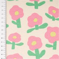Hochwertiger Bio Rippjersey mit verspieltem Blumendesign von Jennifer Bouron in Natur und Pink besticht durch seine elastische Rippstruktur bei 1,2 m Breite und eignet sich ideal für bequeme Babybekleidung - mit Massband