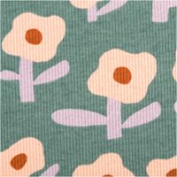 Hochwertiger Bio Rippjersey mit verspieltem Blumendesign von Jennifer Bouron in Grün und Rosa besticht durch seine elastische Rippstruktur bei 1,2 m Breite und eignet sich ideal für bequeme Babybekleidung oder modische Accessoires - Nahaufnahme