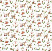 Großflächige Ansicht des Baumwollstoffs mit liebevollem Hasenmuster und kleinen Naturmotiven in frischen Frühlingsfarben