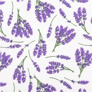 Baumwollstoff mit detailreich illustrierten Lavendelsträußchen in Lila und Grün auf weißem Grund – botanisch, romantisch und zeitlos. Breite: 1,40 m. Perfekt für Näh- und Heimtextilprojekte - Nahaufnahme