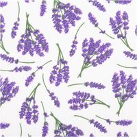 Baumwollstoff mit detailreich illustrierten Lavendelsträußchen in Lila und Grün auf weißem Grund – botanisch, romantisch und zeitlos. Breite: 1,40 m. Perfekt für Näh- und Heimtextilprojekte - Nahaufnahme