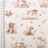 94231-Baumwollstoff-Babystoff-Tierkinder-weiss-braun-1-40m-Breite-IMG-0531.jpg Hochwertiger Baumwollstoff mit niedlichen Waldtier-Kindern wie Bär, Fuchs und Reh in sanftem Weiß und Braun besticht durch seine weiche, hautfreundliche Qualität bei 1,40 m Breite und ist die ideale Wahl für liebevolle Baby-Ausstattung, Kinderzimmer-Deko o