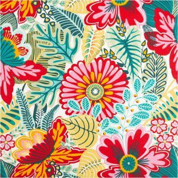 Dieser hochwertige Baumwollstoff Cretonne mit farbenfrohem Kiribati-Blumenmuster auf weißem Grund besticht durch seine strapazierfähige Qualität bei 1,60 m Breite. Ideal für sommerliche Tischdecken, Kissen oder dekorative Heimtextilien - Nahaufnahme