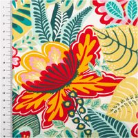 Dieser hochwertige Baumwollstoff Cretonne mit farbenfrohem Kiribati-Blumenmuster auf weißem Grund besticht durch seine strapazierfähige Qualität bei 1,60 m Breite. Ideal für sommerliche Tischdecken, Kissen oder dekorative Heimtextilien - mit Massband