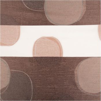 Dieser hochwertige halbtransparente Scherli-Jacquard mit Querstreifen und Kreisen in Weiß und Taupe besticht durch seine strukturierte Haptik bei 1,50 m Breite. Ideal für moderne, stilvolle Fensterdekorationen - Nahaufnahme
