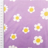 94267-Nicki-Stoff-Blumen-lila-weiss-1-45m-Breite-IMG-1354.jpg Weicher Nicki Stoff in hellem Lila zeigt ein verspieltes Muster aus weißen Gänseblümchen mit gelber Mitte. Das textile Material liegt 1,45 Meter breit und überzeugt durch seine samtige, hochwertige Oberflächenstruktur - mit Massband