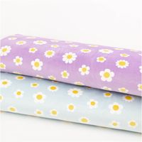 94267-Nicki-Stoff-Blumen-lila-weiss-1-45m-Breite-IMG-1364.jpg Weicher Nicki Stoff in hellem Lila zeigt ein verspieltes Muster aus weißen Gänseblümchen mit gelber Mitte. Das textile Material liegt 1,45 Meter breit und überzeugt durch seine samtige, hochwertige Oberflächenstruktur - mit weiterem Stoff praesentiert