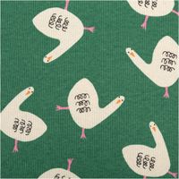 94268-Bio-Rippjersey-Rib-Jersey-Stoff-Baumwolle-Gaense-Jennifer-Bouron-gruen-ecru-1-2m-Breite-IMG-0478.jpg Dieser hochwertige Bio Rippjersey mit charmantem Gänse-Design von Jennifer Bouron in Grün und Ecru besticht durch seine elastische Rippstruktur bei 1,20 m Breite und ist die perfekte Wahl für bequeme Kinderkleidung, modische Shirts oder gemütliche Accessoi