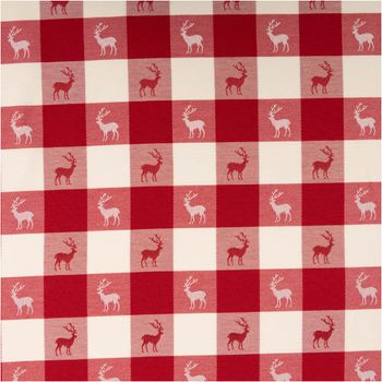 Dieser hochwertige Jacquard-Dekostoff mit klassischem Karomuster und eingewebten Hirschen in Rot und Weiß besticht durch seine feste, strukturierte Haptik bei 1,40 m Breite und ist die ideale Wahl für rustikale Landhaus-Dekorationen, Kissenhüllen oder stil