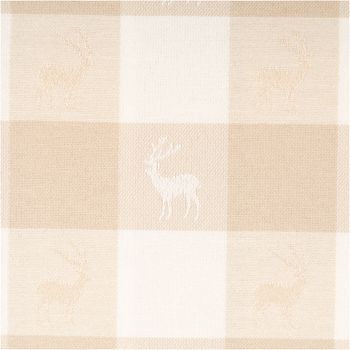 Beige-weißer Jacquard-Dekostoff mit großem Karomuster und eingewebten Hirschmotiven in jedem Karofeld im dezenten Landhausstil, 140 cm breit - Nahaufnahme