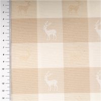 Beige-weißer Jacquard-Dekostoff mit großem Karomuster und eingewebten Hirschmotiven in jedem Karofeld im dezenten Landhausstil, 140 cm breit - mit Massband