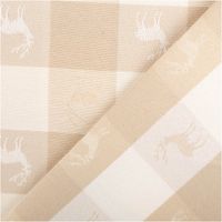 94290-Jacquard-Stoff-Dekostoff-Karos-Hirsche-beige-weiss-140cm-Breite-IMG-1067.jpg Beige-weißer Jacquard-Dekostoff mit großem Karomuster und eingewebten Hirschmotiven in jedem Karofeld im dezenten Landhausstil, 140 cm breit - kunstvoll eingedreht in Falten