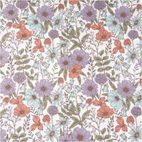 Hochwertiger Baumwollpopeline mit filigranem Blumenmuster in Lila, Rot und Türkis auf wollweißem Grund, ideal für sommerliche Bekleidung oder Dekorationen durch die feine Webart bei einer praktischen Breite von 145 cm - Vollansicht