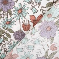 Hochwertiger Baumwollpopeline mit filigranem Blumenmuster in Lila, Rot und Türkis auf wollweißem Grund, ideal für sommerliche Bekleidung oder Dekorationen durch die feine Webart bei einer praktischen Breite von 145 cm - mit Rueckseite