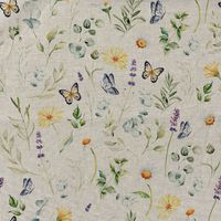94301-Vorhangstoff-Leinenoptik-Aquarell-Blumen-Digitaldruck-natur-bunt-1-40m-Breite-01925-026-1.jpg Dekostoff in Leinenoptik mit zarten Blumen, Blättern und Schmetterlingen in Natur, Grün, Gelb, Blau und Lila in Nahaufnahme