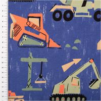 94315-Sweatstoff-aus-Baumwolle-Baufahrzeuge-Digitladruck-blau-rot-gruen-1-48m-Breite-IMG-0903.jpg Blauer Baumwoll-Sweatstoff mit Digitaldruck großer Baufahrzeuge in Sand und Orange mit grafisch-skizzenhaftem Stil auf meliertem Grund, 1,48 m breit - mit Rueckseite