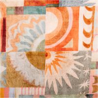 Viskose-Stoff aus Lenzing EcoVero mit großflächigem abstraktem Patchwork-Print in Orange, Grau, Ocker und Rosa mit Blüten-, Sonnen- und Bogenmotiven, 140 cm breit - Nahaufnahme